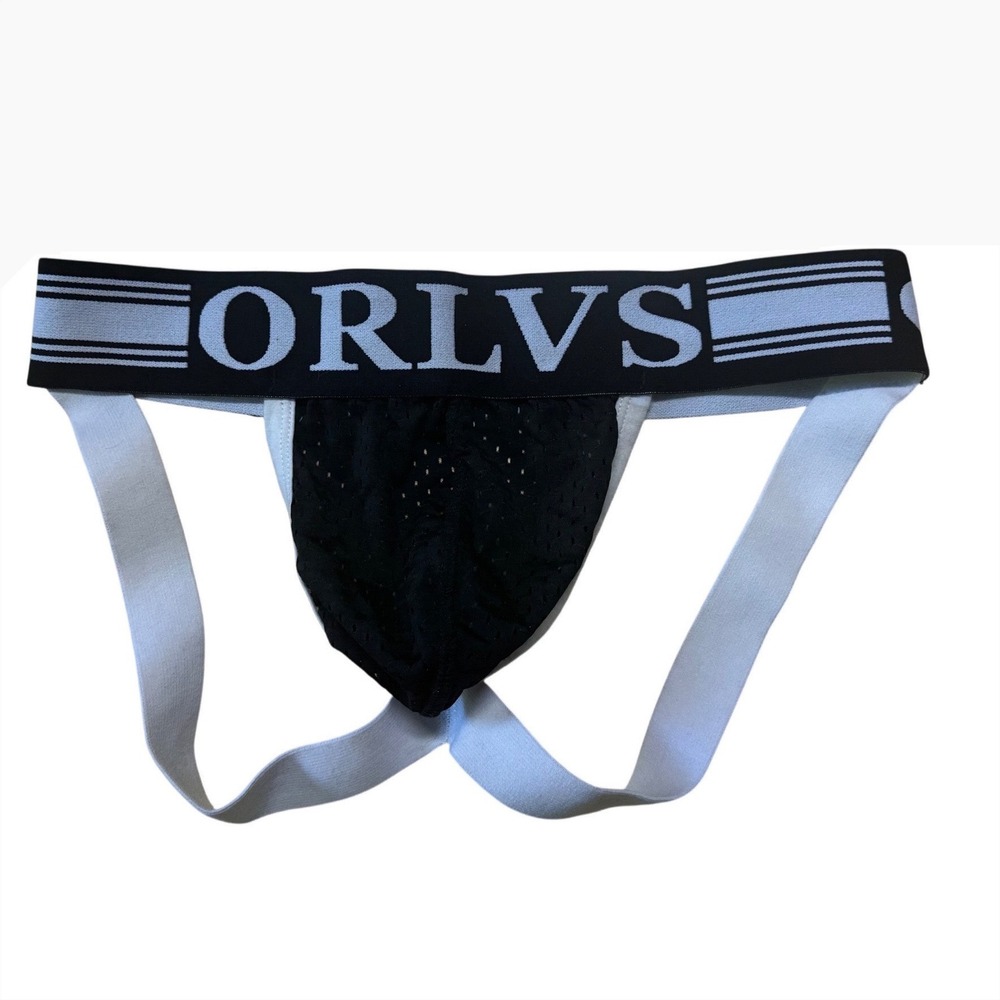 ORLVS Mens Black Mesh Jockstrap Athletic Supporter Underwear White‎ Logo M